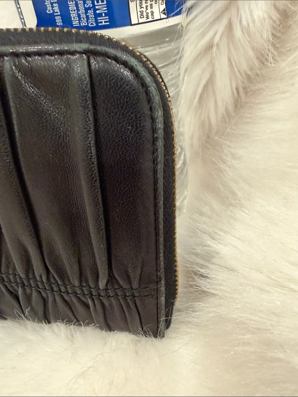 Prada Black Gathered Leather Zip-Around Wallet with Gold Logo